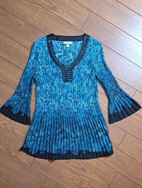 Dressbarn Blue Pleated Whimsigoth Beaded Tunic Top S NWOT